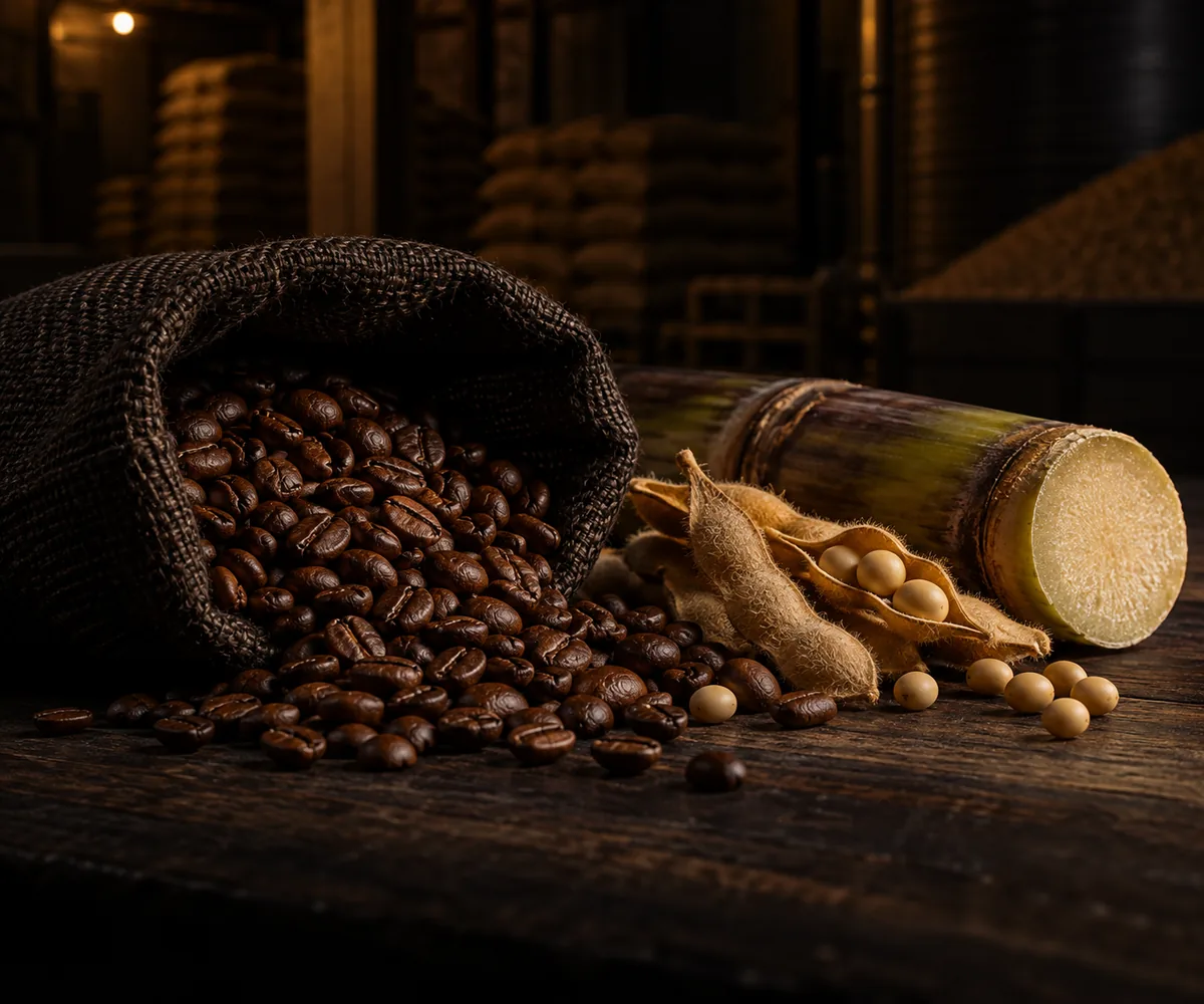 Grãos de café, vagens secas de soja e um segmento de cana sobre madeira escura