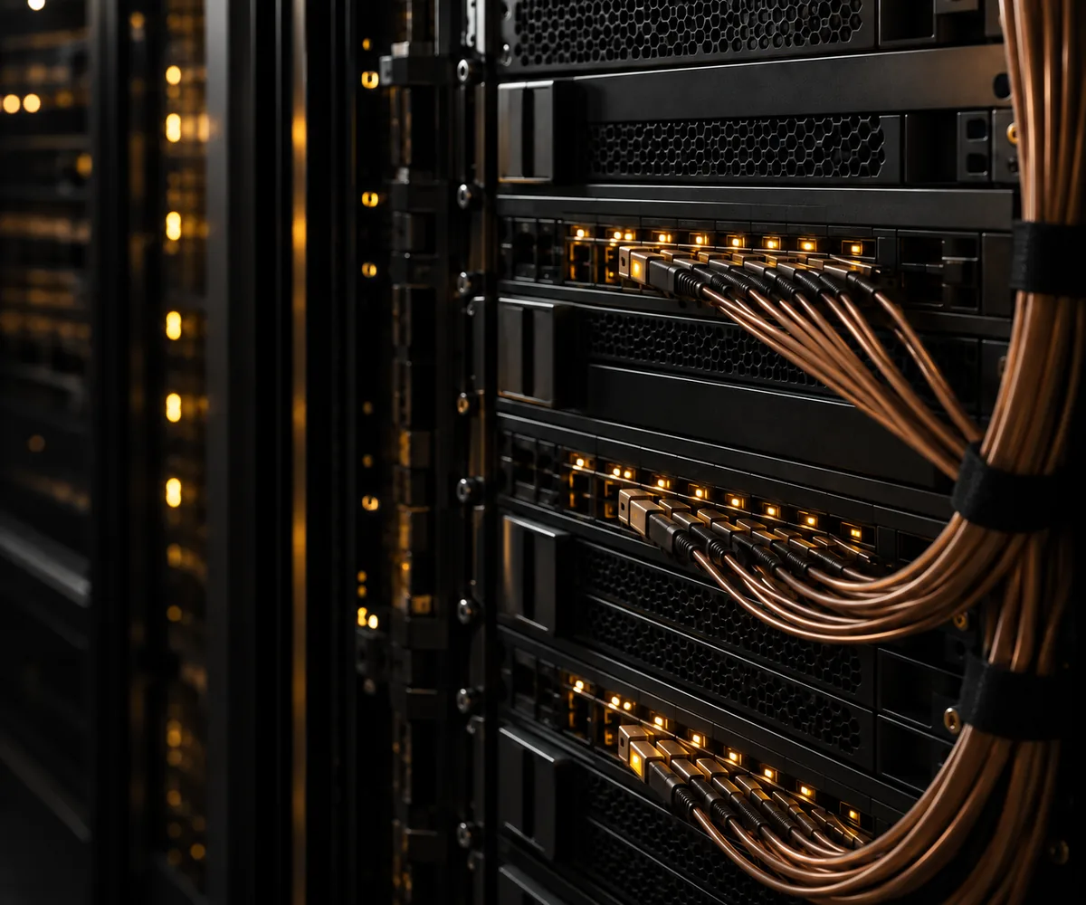 Conexões de fibra e componentes de servidores em metal escuro, com iluminação âmbar