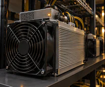 Equipamento ASIC com ventoinha, dissipador de alumínio e conexões organizadas