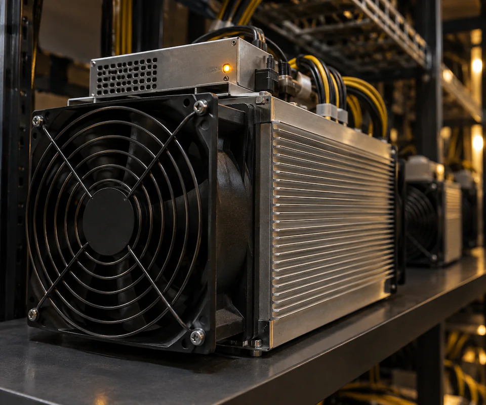 Equipamento ASIC com ventoinha, dissipador de alumínio e conexões organizadas