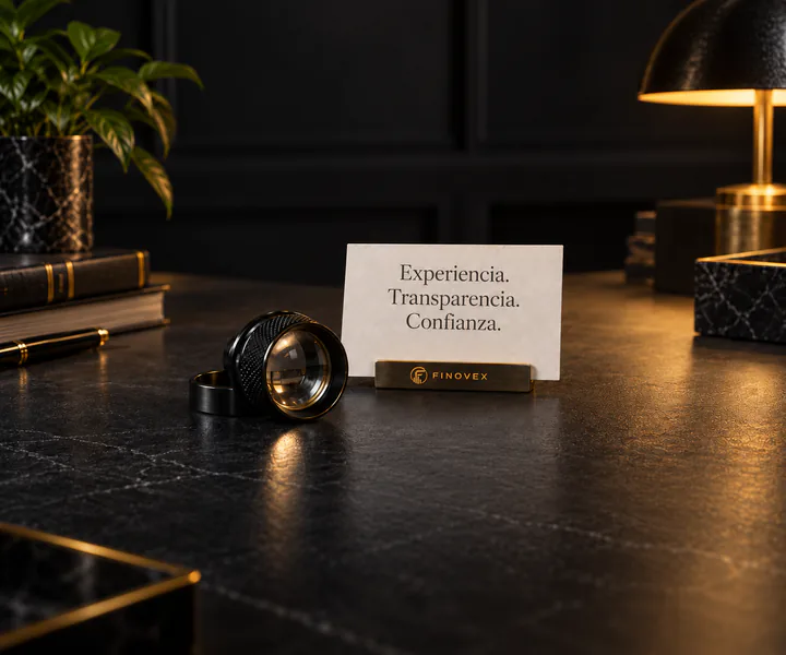 Tarjeta con el texto “Experiencia. Transparencia. Confianza.” en un soporte dorado FINOVEX, junto a una lente, sobre una mesa oscura.