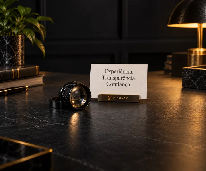 Cartão com o texto “Experiência. Transparência. Confiança.” num suporte dourado FINOVEX, ao lado de uma lente, sobre uma mesa escura.