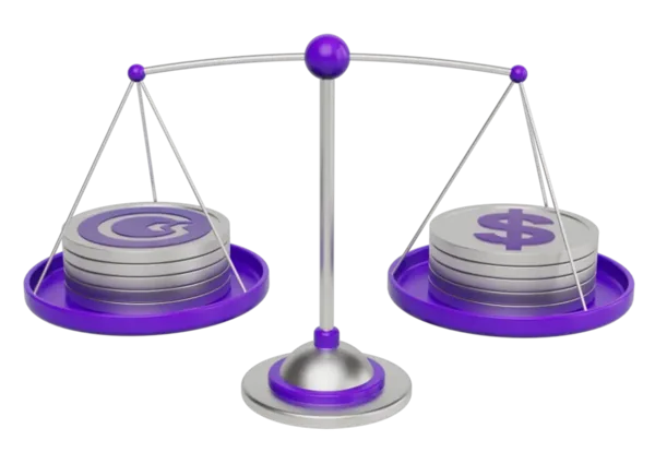 Composição tridimensional de uma balança com moedas