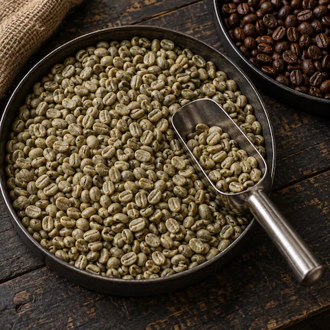 Amostras de café verde e torrado com uma concha de avaliação