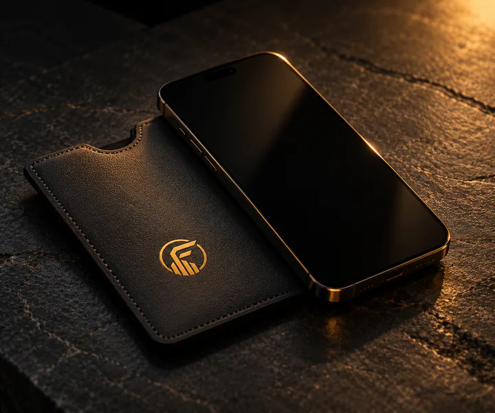 Teléfono con la pantalla apagada sobre una funda grafito con la marca FINOVEX