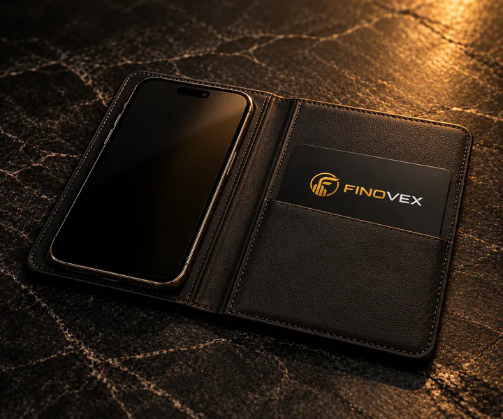 Teléfono con la pantalla apagada y tarjeta conceptual FINOVEX juntos en una única cartera abierta