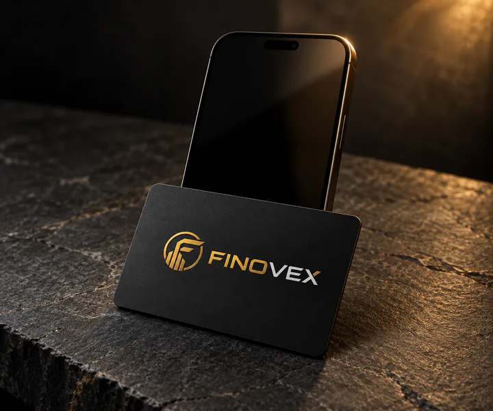 Estudio conceptual de una tarjeta FINOVEX y un teléfono con la pantalla apagada sobre piedra oscura