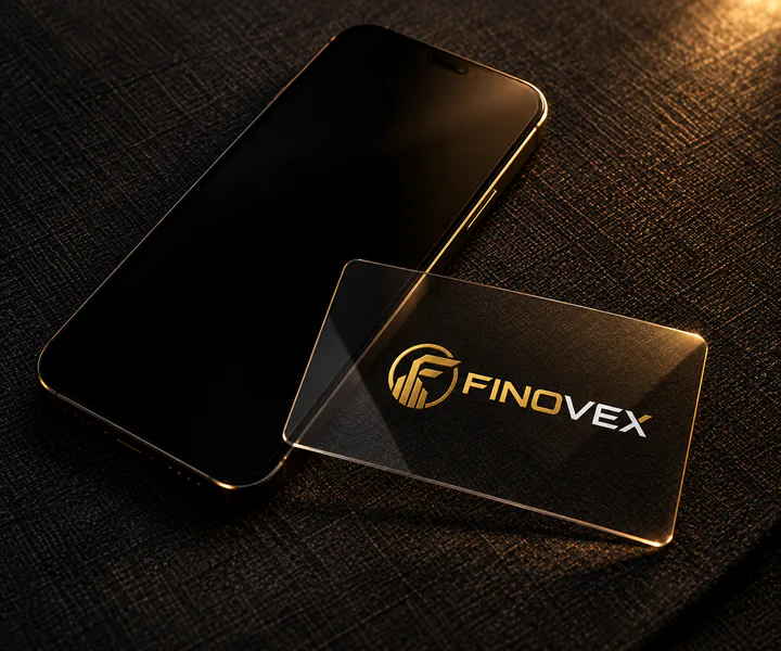 Teléfono con la pantalla apagada junto a un estudio conceptual de tarjeta transparente FINOVEX