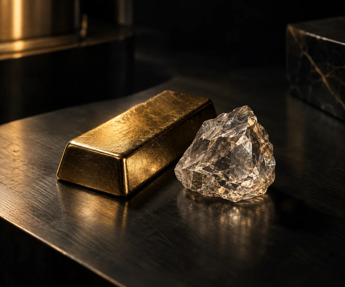 Pequeno lingote de metal precioso e cristal sobre uma superfície escura