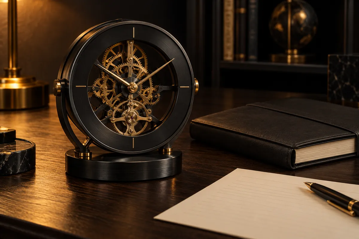 Mecanismo de relógio de precisão em metal escuro e dourado, ao lado de folhas de planejamento sobre uma mesa.
