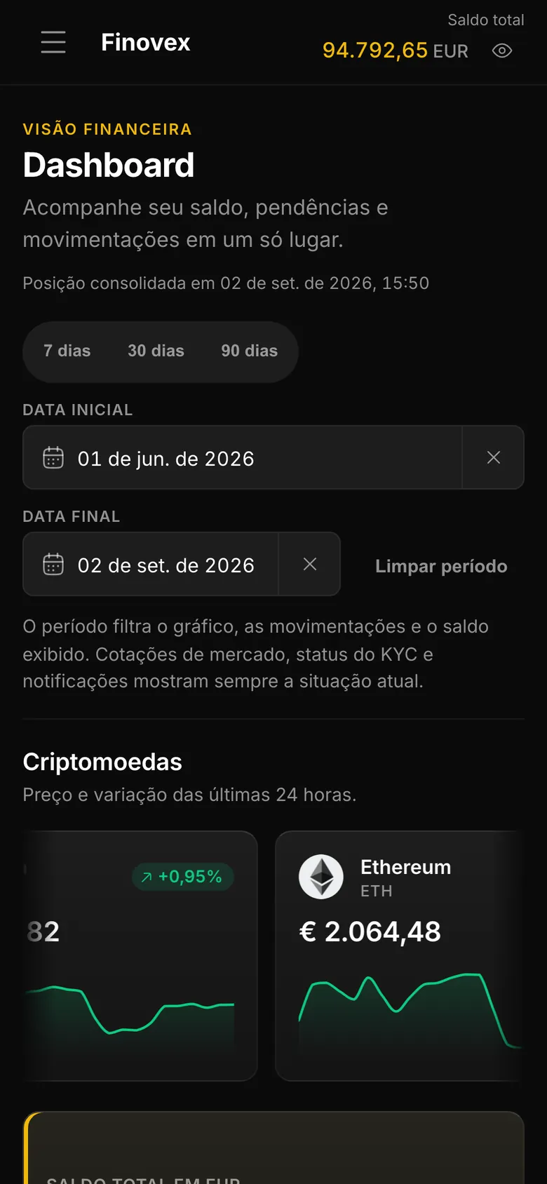 Dashboard do painel Finovex em um celular: saldo consolidado em euro, filtro de período e cotações