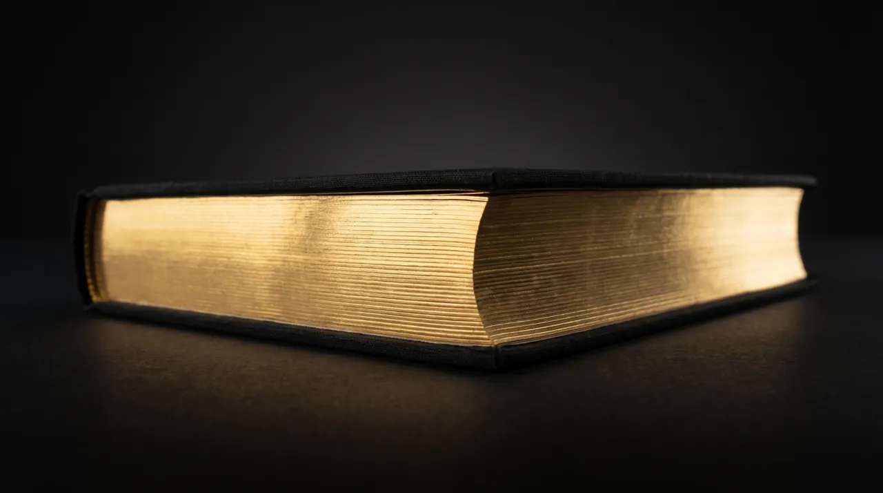Páginas de um livro em leque com as bordas douradas sob luz rasante
