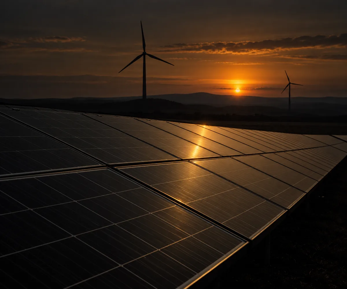 Painéis solares escuros e turbinas eólicas ao horizonte, sob a luz dourada do entardecer