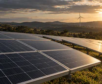 Painéis solares com estruturas de alumínio e uma turbina eólica ao fundo, sob luz natural do entardecer