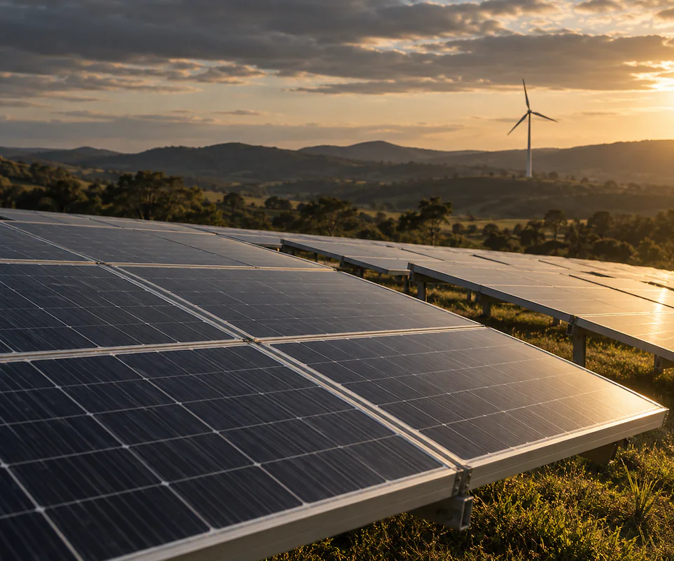 Painéis solares com estruturas de alumínio e uma turbina eólica ao fundo, sob luz natural do entardecer