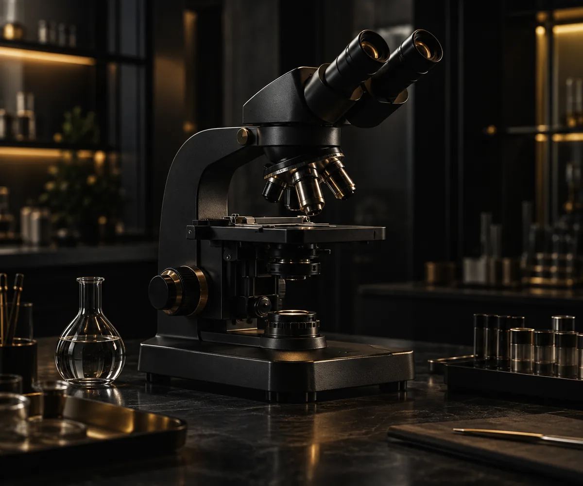 Microscópio de precisão e vidro de laboratório, com reflexos dourados em um ambiente escuro