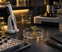 Instrumentos de laboratório e uma amostra vegetal em uma composição sobre pesquisa em biotecnologia