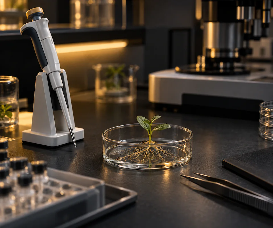 Instrumentos de laboratório e uma amostra vegetal em uma composição sobre pesquisa em biotecnologia