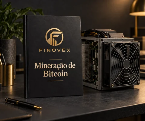 Livro FINOVEX intitulado ‘Mineração de Bitcoin’, junto de um equipamento ASIC de mineração com a lateral aberta.