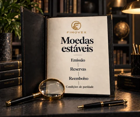 Caderno institucional FINOVEX sobre paridade, reservas e condições de reembolso das stablecoins, acompanhado de uma lupa.
