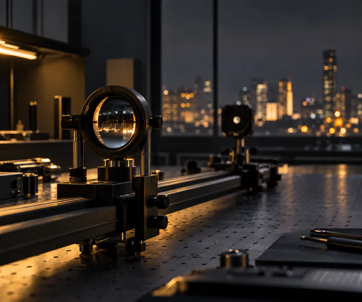Lente montada numa calha de bancada ótica, diante de uma janela com a cidade iluminada à noite