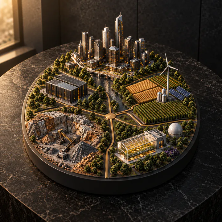 Conceptual mock-up of connected markets, with a city, digital infrastructure, agriculture, energy and research.