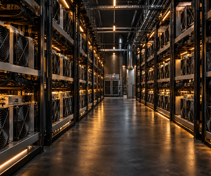 Pasillo de equipos de minería con iluminación ámbar