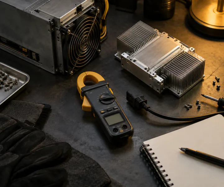 ASIC miner, aluminum heat sink, clamp meter and notebook on a dark workbench