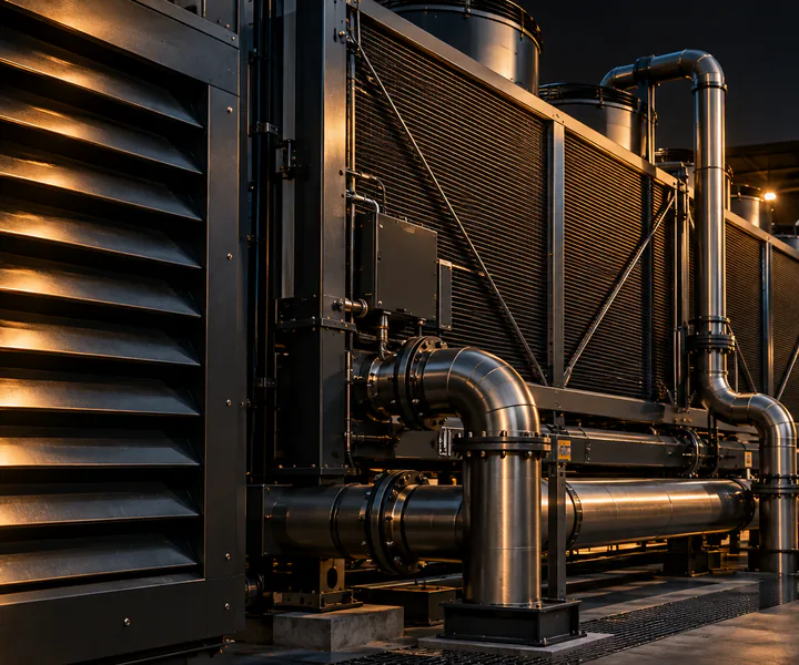 Ventilación industrial y tuberías de refrigeración en metal oscuro