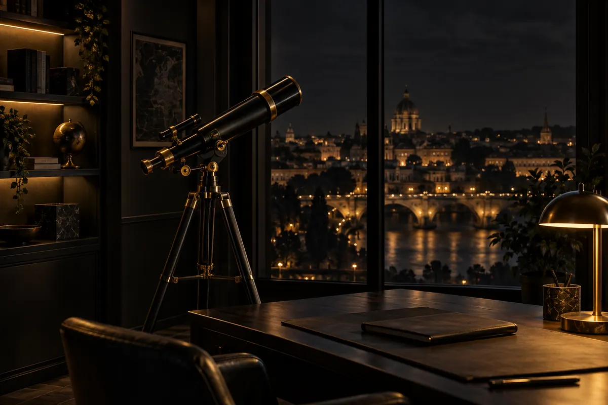 Telescópio de precisão em um ambiente escuro de pesquisa, diante de uma cidade iluminada por luzes douradas.