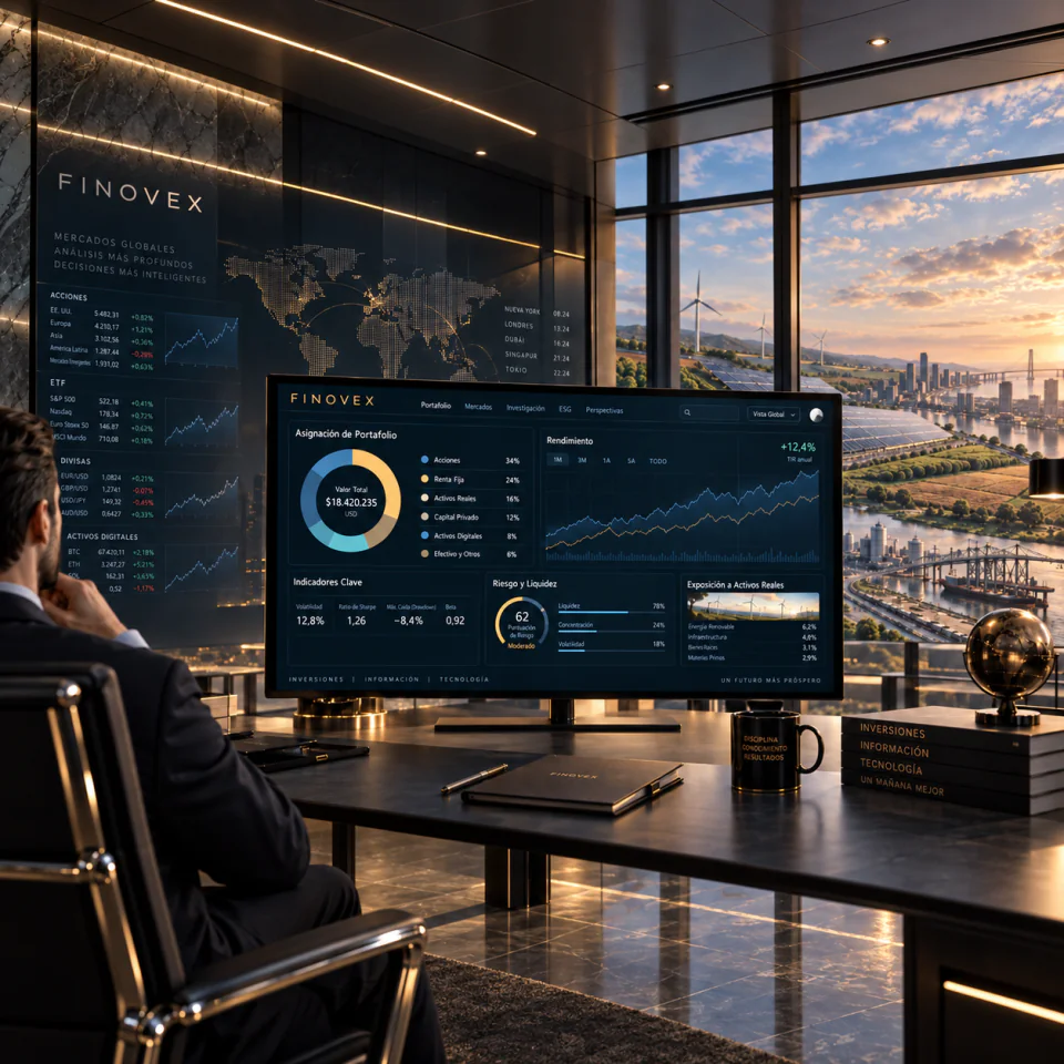 Executivo diante de um monitor com painel de carteira de investimentos FINOVEX, telas de mercados globais ao fundo e janela para cidade, energia eólica e solar ao entardecer
