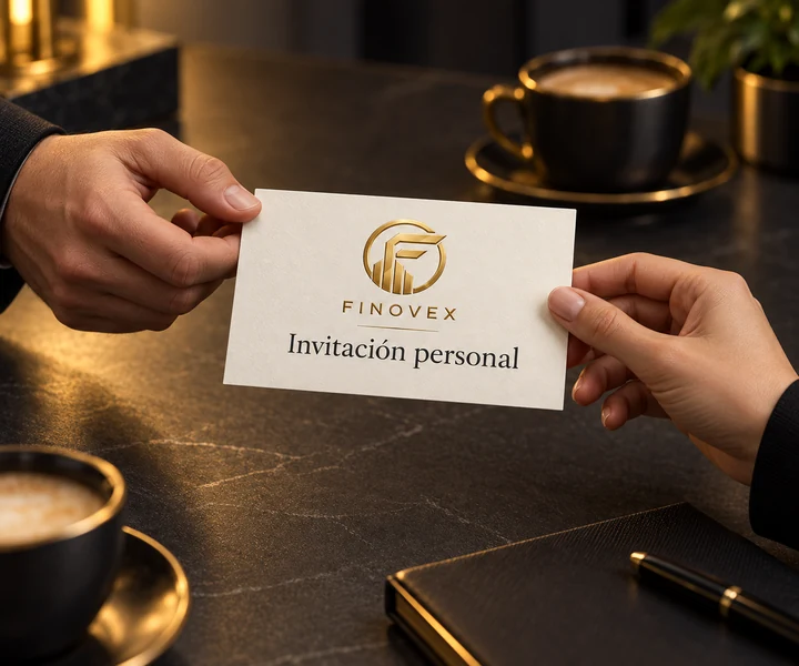 Dos personas comparten una única invitación FINOVEX sobre una mesa oscura.
