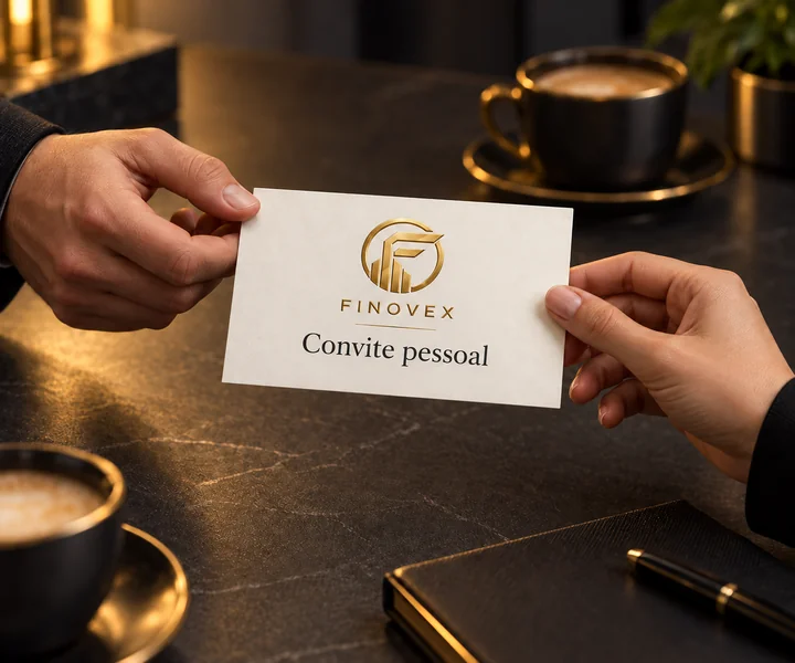 Duas pessoas compartilham um único convite FINOVEX sobre uma mesa escura.