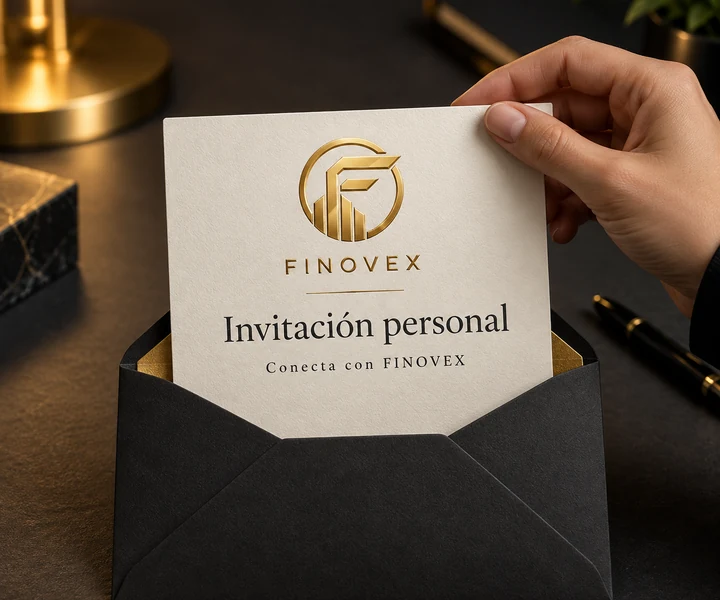 Una mano extrae una invitación personal FINOVEX de un sobre negro, con inscripciones en español.