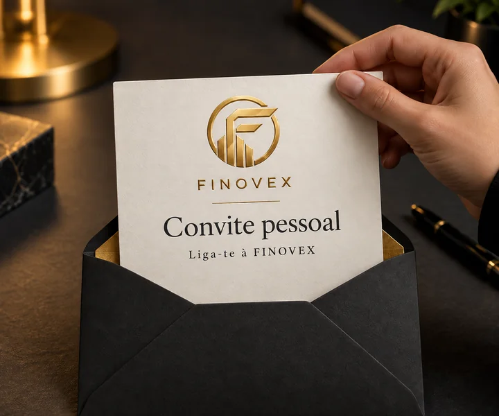 Mão retirando um convite pessoal FINOVEX de um envelope preto.