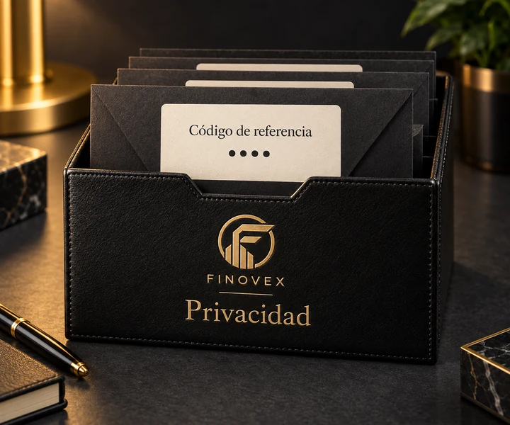 Organizador FINOVEX con sobres cerrados y un código de referencia enmascarado.