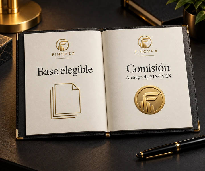 Carpeta FINOVEX abierta con páginas separadas para la base elegible y la comisión a cargo de la plataforma.