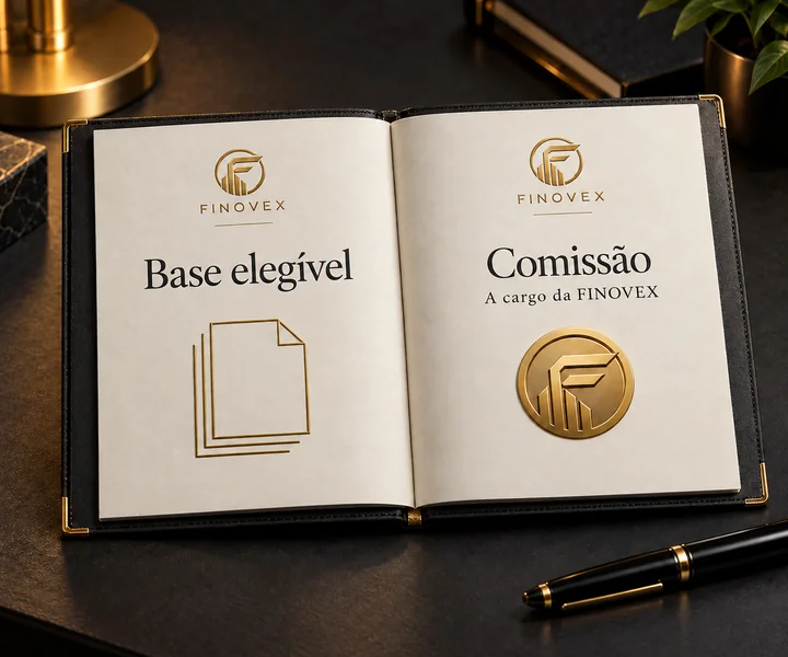 Pasta FINOVEX aberta com páginas separadas para a base elegível e a comissão a cargo da plataforma.