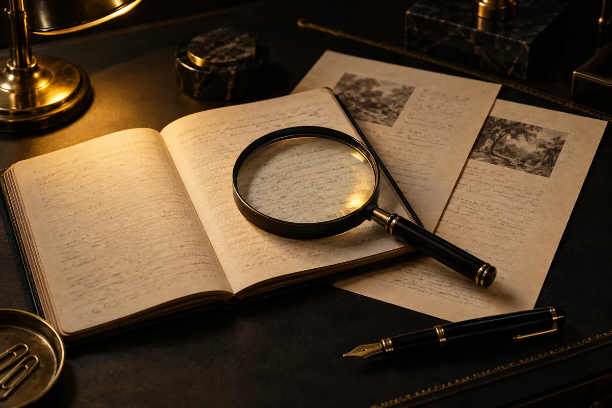 Lupa sobre um caderno aberto e referências impressas em uma mesa escura, sob luz dourada.