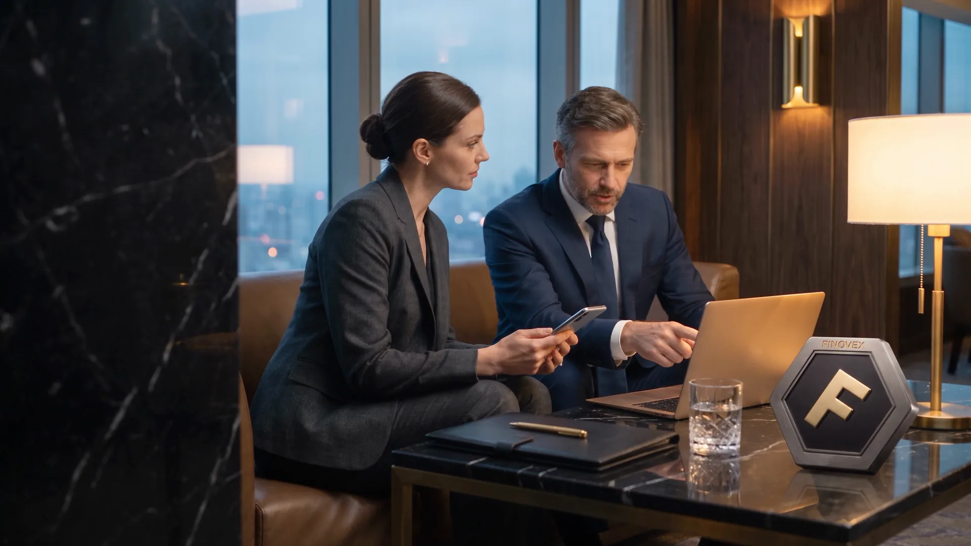 Dois executivos revisam um investimento na plataforma Finovex, sentados a uma mesa de mármore preto num lounge ao entardecer, com o Finovex Token hexagonal sobre a mesa