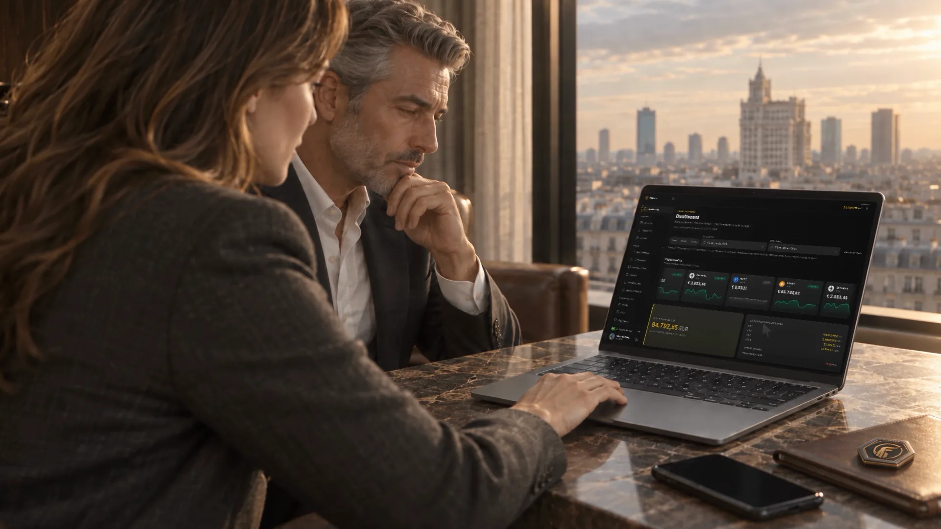 Duas pessoas acompanham o painel Finovex em um notebook sobre mesa de mármore, diante de uma janela com a cidade ao entardecer