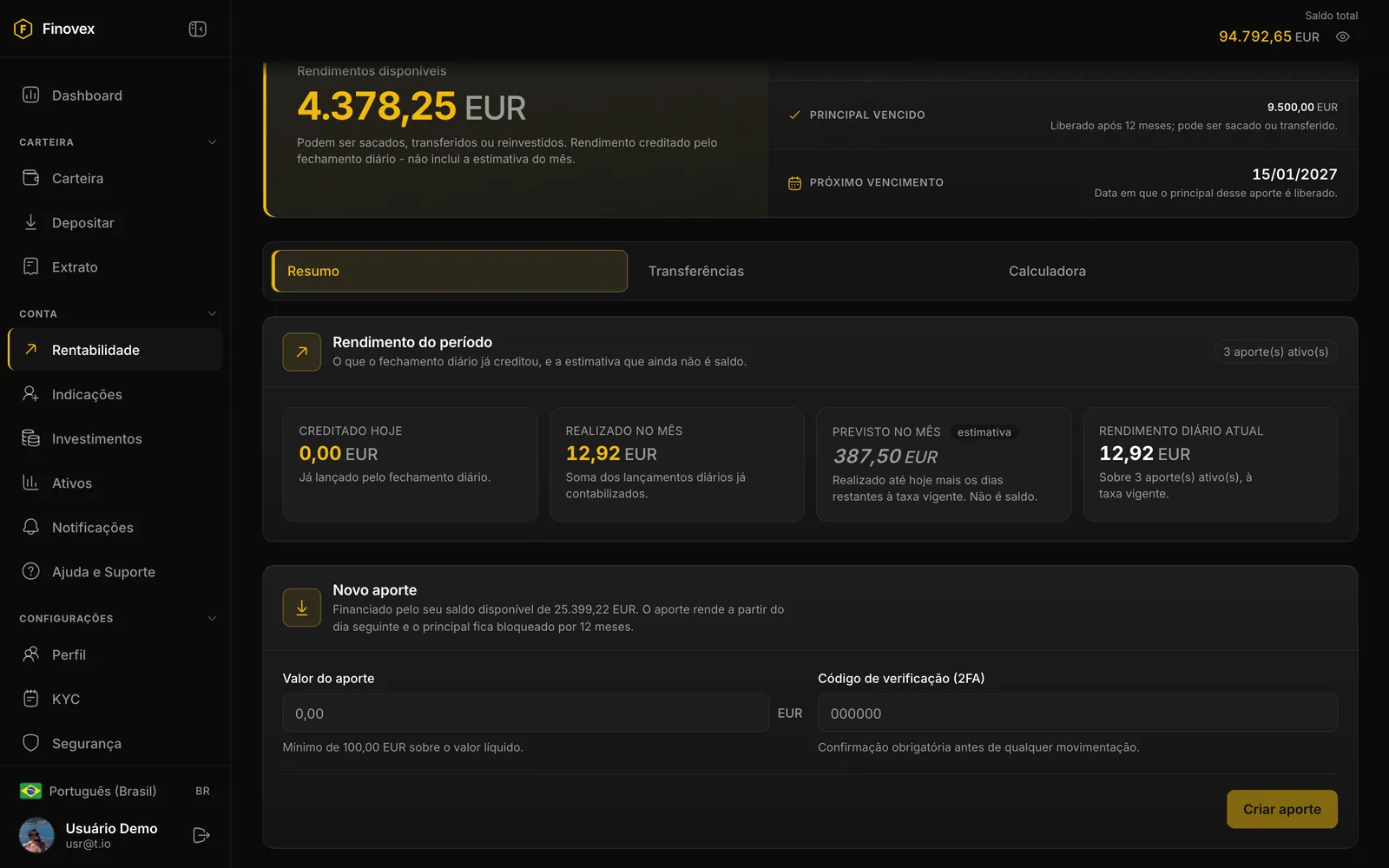 Tela de rentabilidade do painel Finovex com rendimentos disponíveis, principal bloqueado e vencido