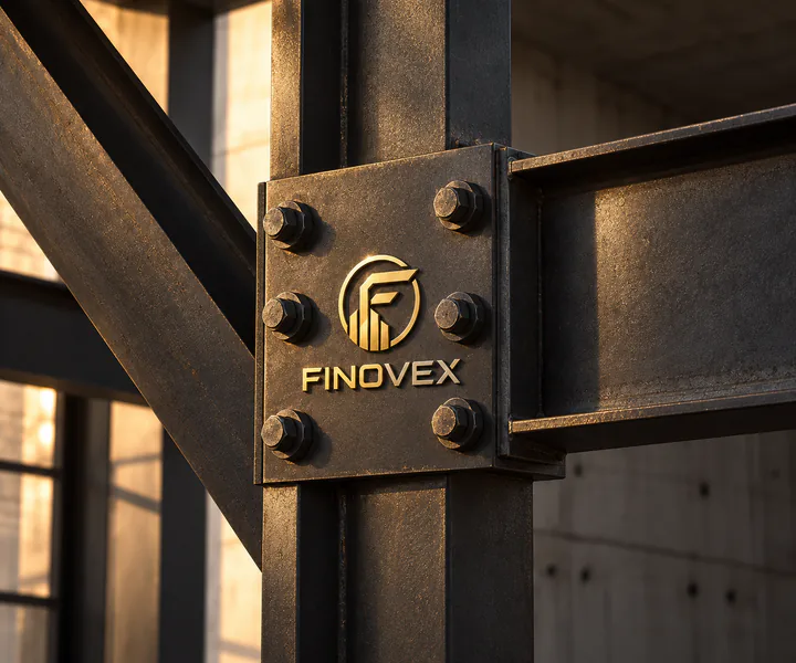 Vigas metálicas unidas por una placa con la marca FINOVEX, en un estudio arquitectónico.