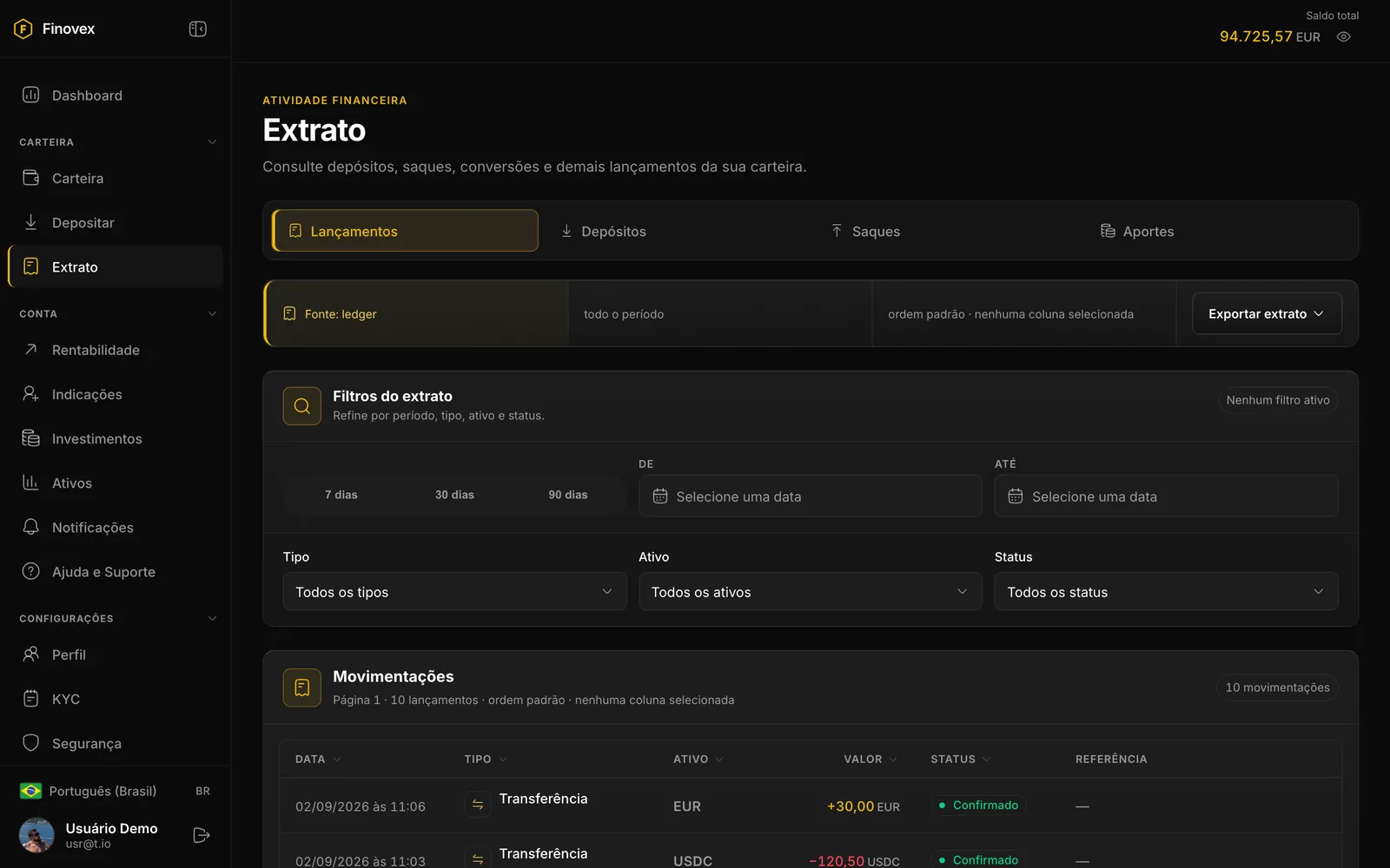 Extrato do painel Finovex com filtros e a tabela de lançamentos