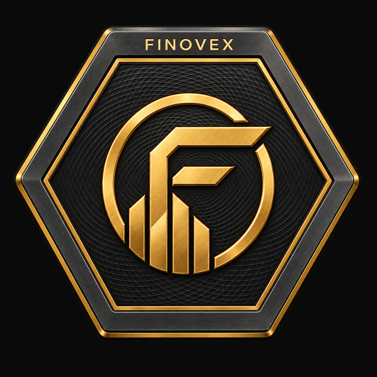 A hexagonal FINOVEX coin in dark metal and gold