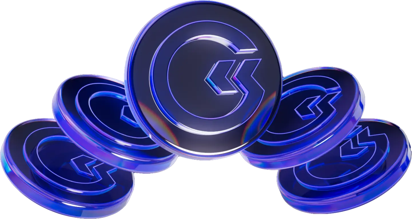 Composição tridimensional de discos dourados com o símbolo do Finovex Token