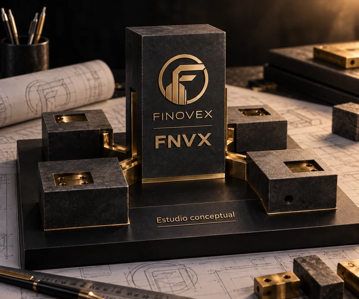 Maqueta arquitectónica conceptual de FINOVEX con un núcleo FNVX, cuatro módulos con conexiones abiertas y la inscripción ‘Estudio conceptual’.