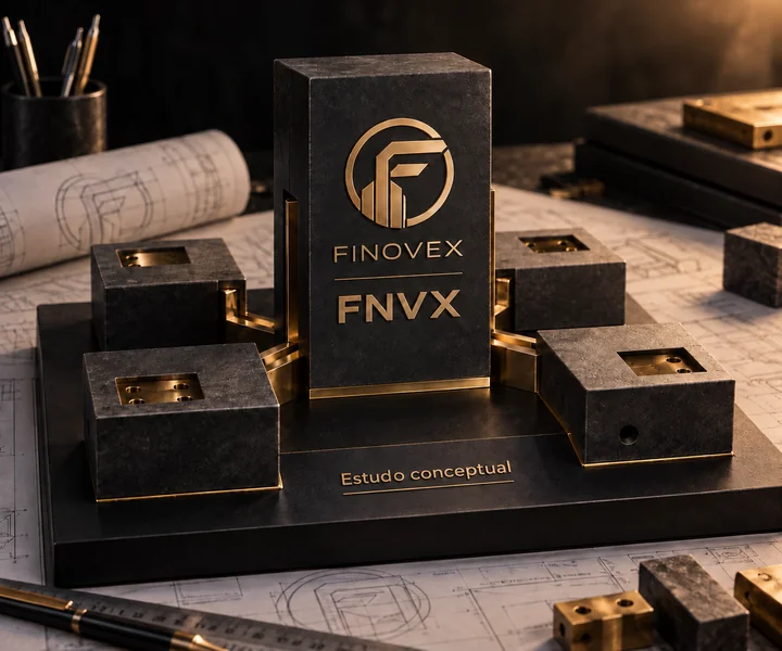 Maquete arquitetônica conceitual FINOVEX com núcleo FNVX, quatro módulos de encaixes abertos e a inscrição ‘Estudo conceptual’.