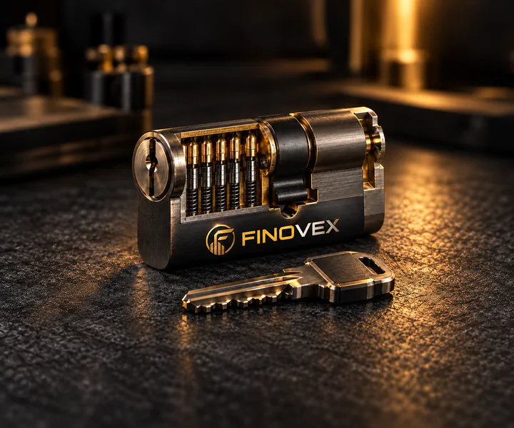 FINOVEX access mechanism with aligned pins and a key on a dark surface.
