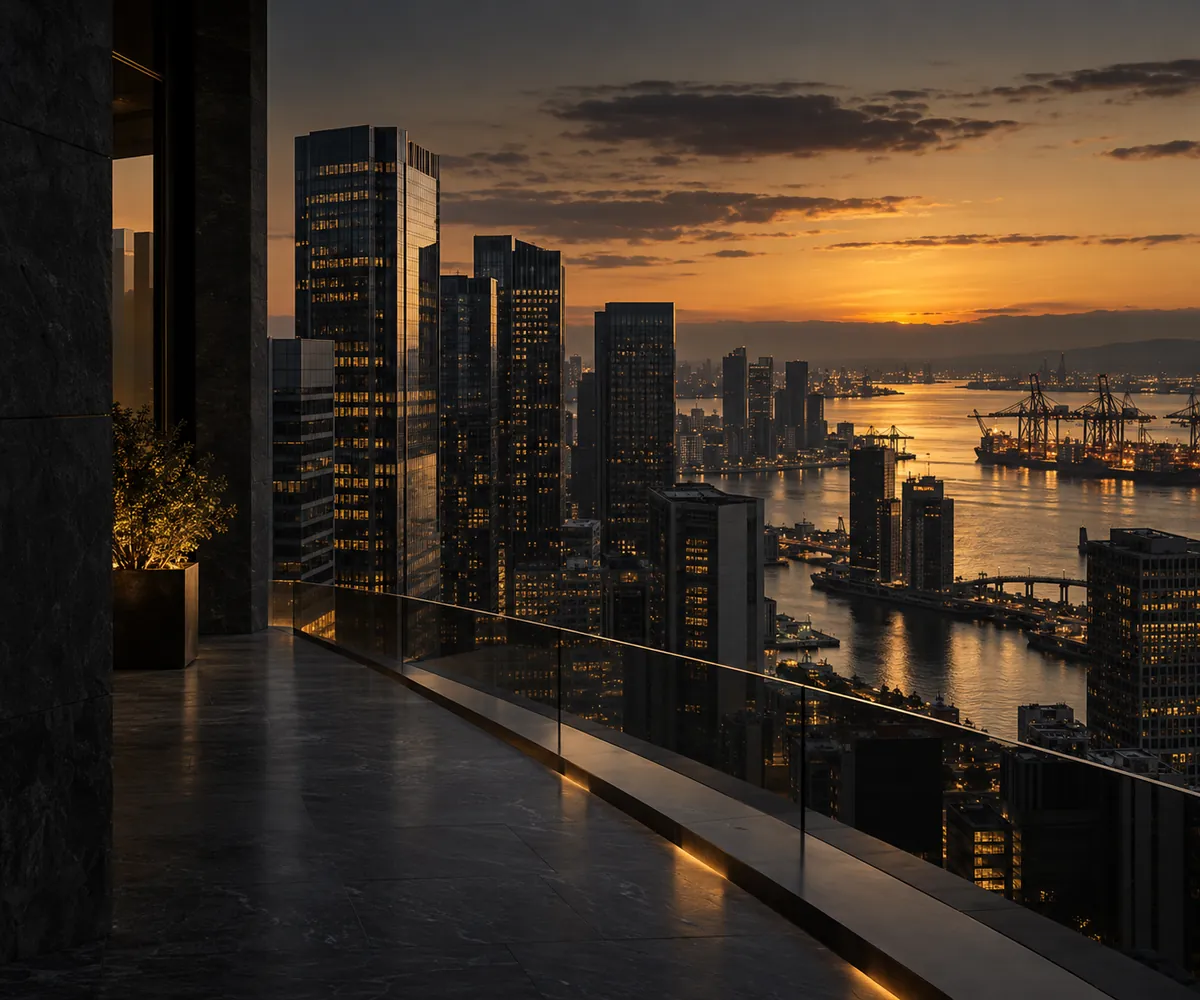 Perspectiva de uma cidade e sua infraestrutura econômica sob luz dourada, vista de uma varanda de pedra escura